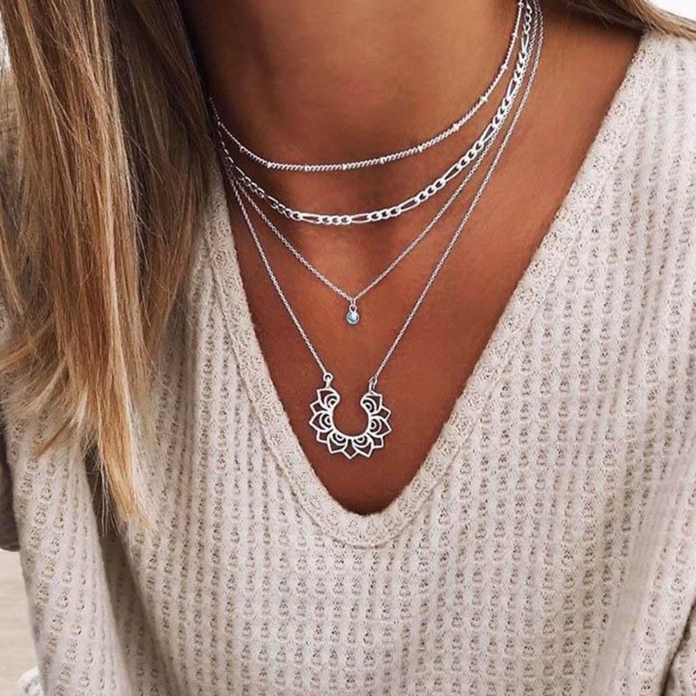 Bohemian Silver Lotus Turquoise Pendant Layered Chain Necklace